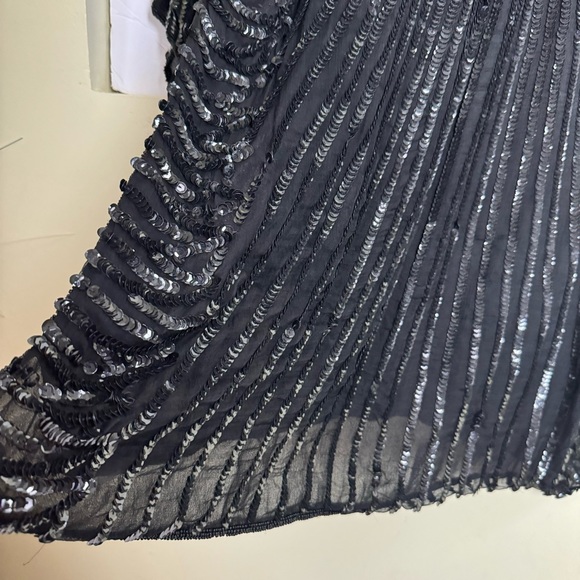 Frank Usher Vintage 1980 100% Silk Sequin Beaded Top Evening Crew Lined Black L - Picture 11 of 16